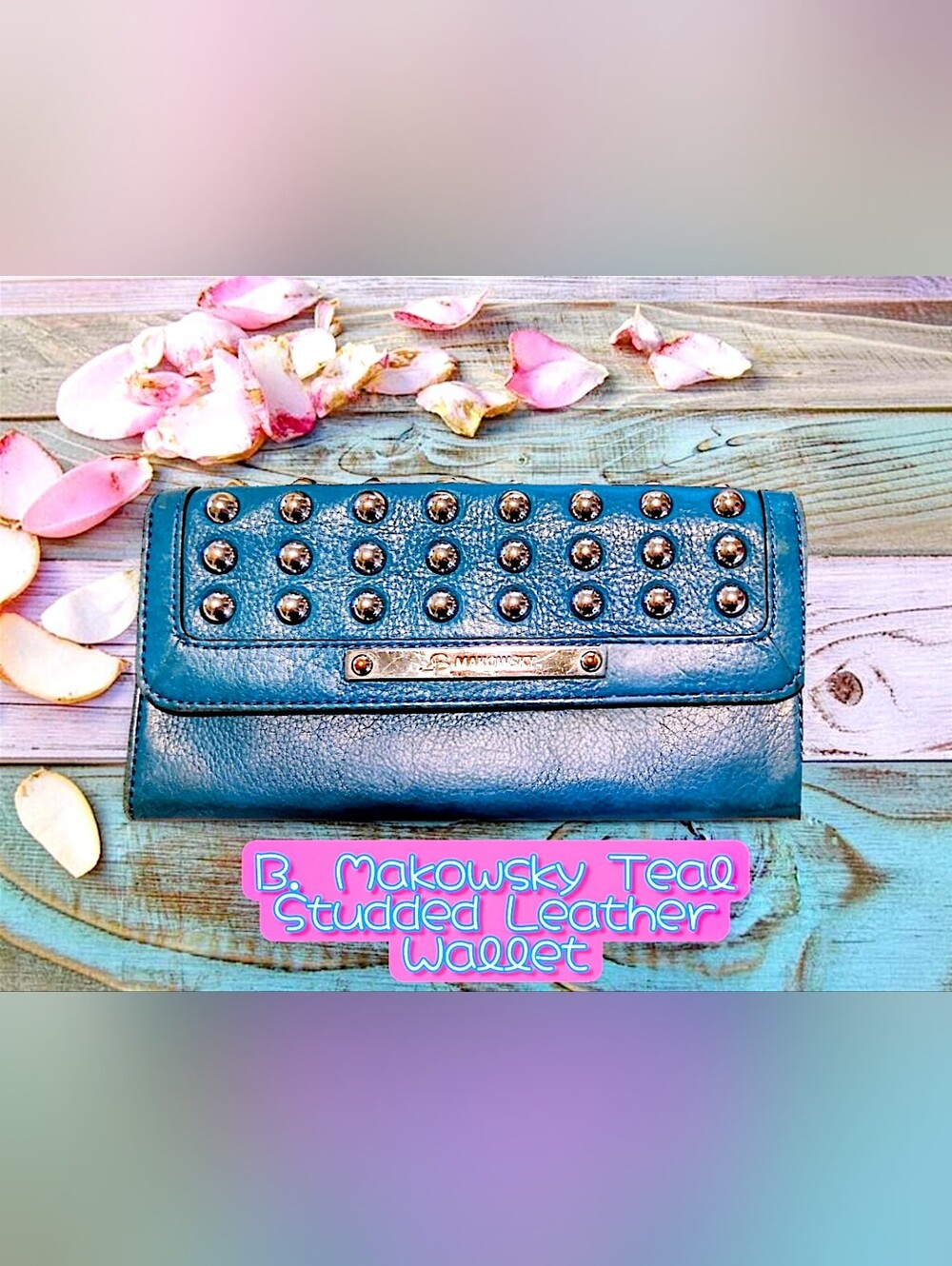 B. Makowsky Teal Leather Wallet w/ Polished Metal Studs & Leopard Print Interior